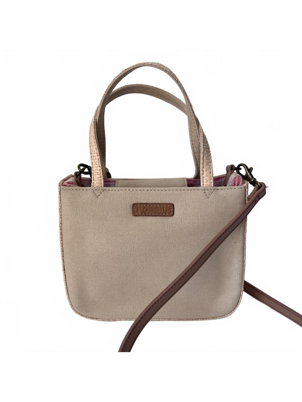 Vintage Fossil Purse Canvas Bag Straw Trim Small Tote Convertible Crossbody Y2K